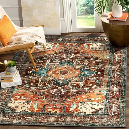 Yamaziot Area Rug 5x7, Non-Slip Washable Boho Vintage Living Room Bedroom Rug with Rubber Backing, Low Pile Faux Wool Soft Distressed Rug Floor Carpet for Living Room, Bedroom