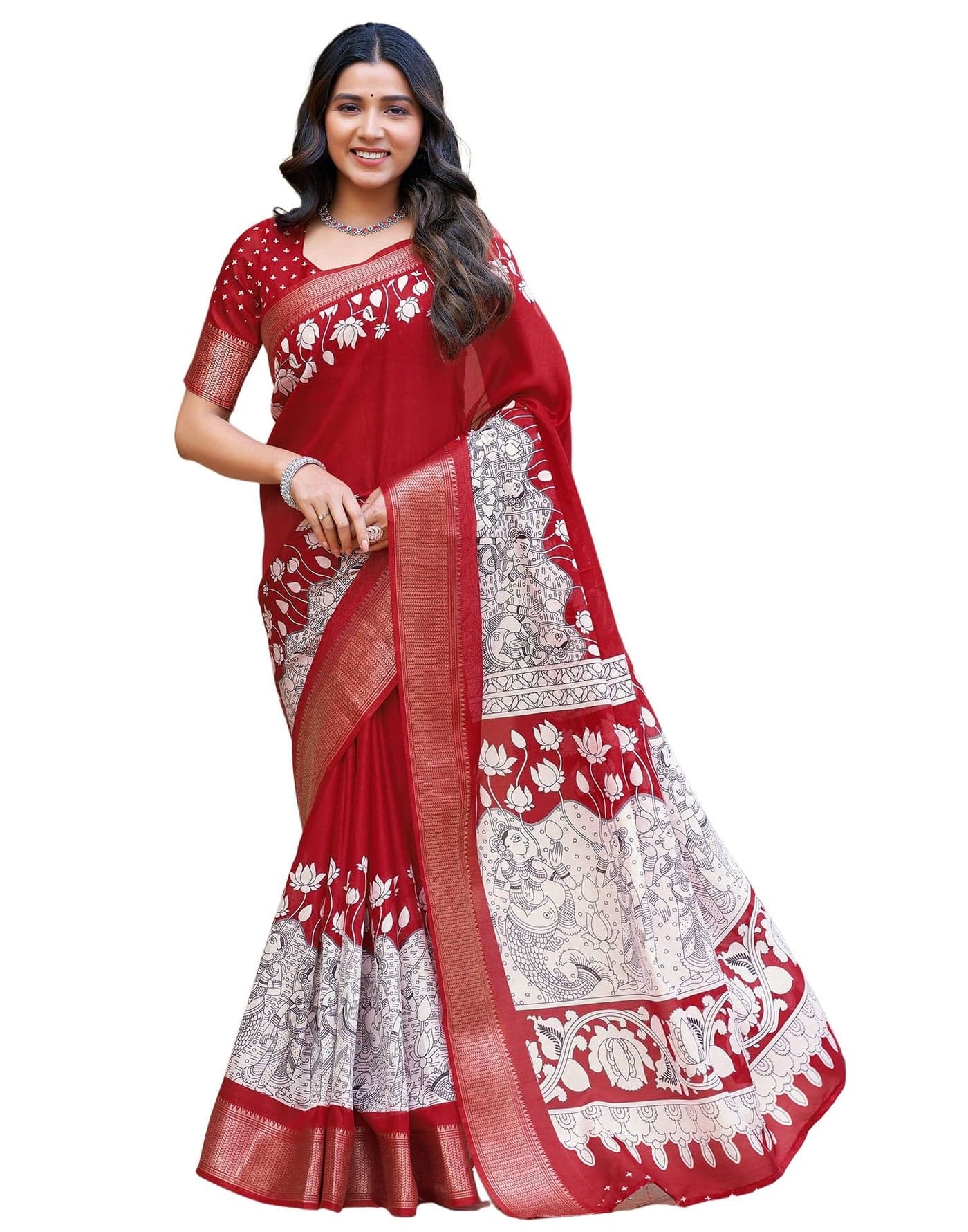 SIRIL Women's Cotton Blend Printed Weaving Border Saree With Unstitched Blouse Piece (4029S178_Red & White)