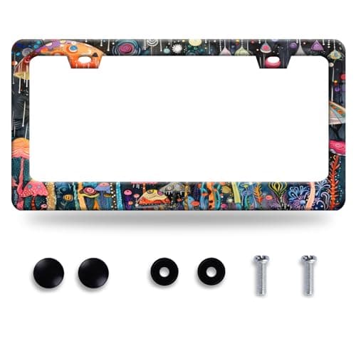Watercolor Mushroom License Plate Frame Personalise Colorful License Plate Holder Funny License Plate Stainless Steel Car Accessories with Screws for Men Women Car Decoration 123 x 63