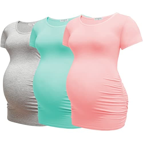 Bearsland Womens Maternity Tshirt 3 Packs Classic Side Ruched Tee Top Mama Pregnancy Clothes,Pink+mintgreen+LtGray,M