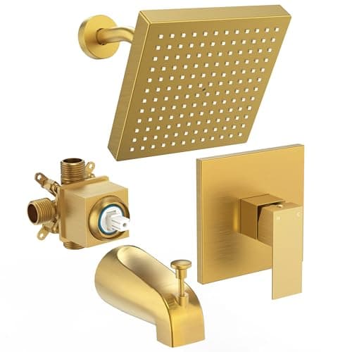 FROPO Brushed Gold Tub Shower Faucet Set With Valve 8Inch Square Gold Shower Head and Tub Faucet Set Shower Faucet Set With Rain shower Head and Tub Spout HighPressure Tub Shower Trim Kit