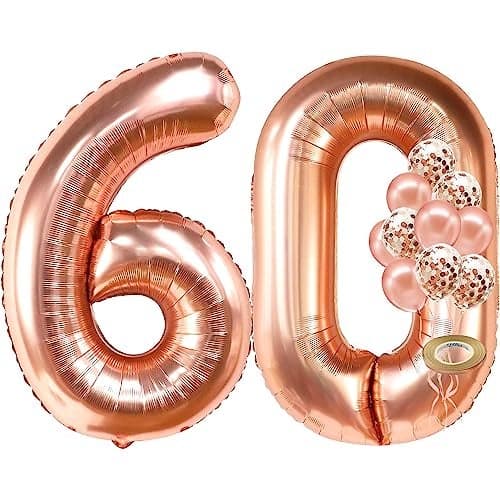 KatchOn, Big Rose Gold Number 60 Balloon - 40 Inch | Mylar Foil 60 Balloon Numbers For Happy Birthday Decorations | Number Balloons With Confetti For Anniversary Decorations | Birthday Party Supplies