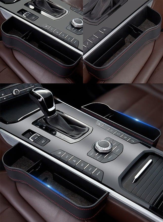 2 Pcs Car Seat Storage Box, PU Leather Car Console Side Pockets Box, Multifunctional Car Seat Gap Filler Organizer with Cup Holder, Can Storage Keys, Mobile Phones, Headphones, Watches and Bank Cards-Black