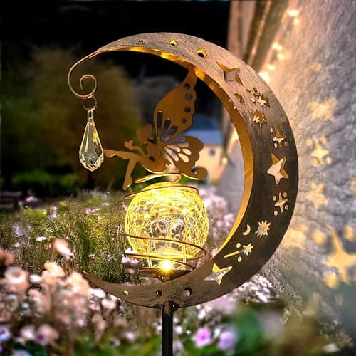 LUZ DEL GIFTS Moon Solar Lights Outdoor Waterproof Metal Fairy Moon Solar Lanterns for Garden, Patio, Yard, Gift for Women, Mom, Family Solar Powered, Durable, Garden Decor Figurine Lights