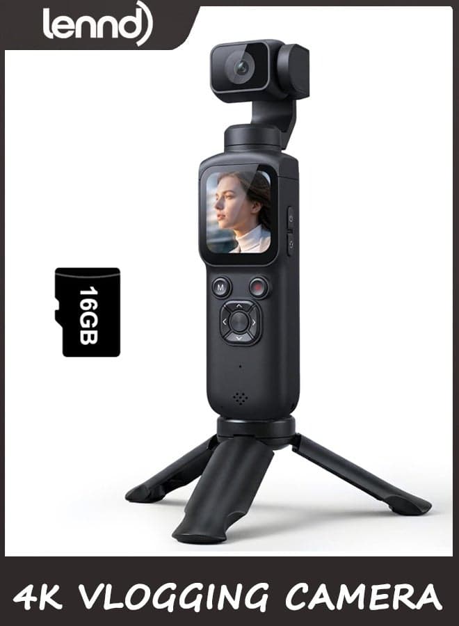 4K Vlogging Camera with 330° Rotating Lens & Face Tracking, Portable Pocket Digital Camera for YouTube TikTok with WiFi, Includes 16GB Card, Tripod & Carrying Bag,Black