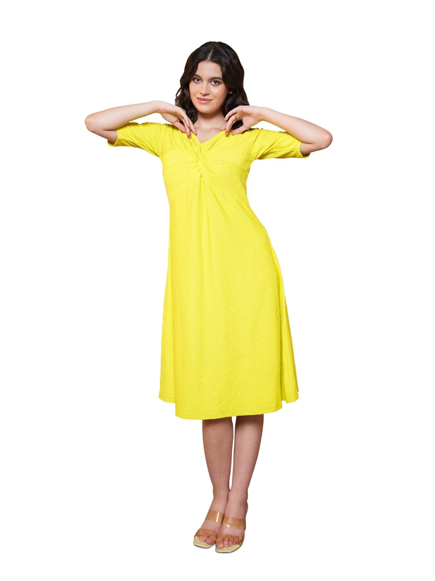 PURVAJA Women’s A-line Midi Length Dress (Nisi-042-Lemon_Lemon_Large)
