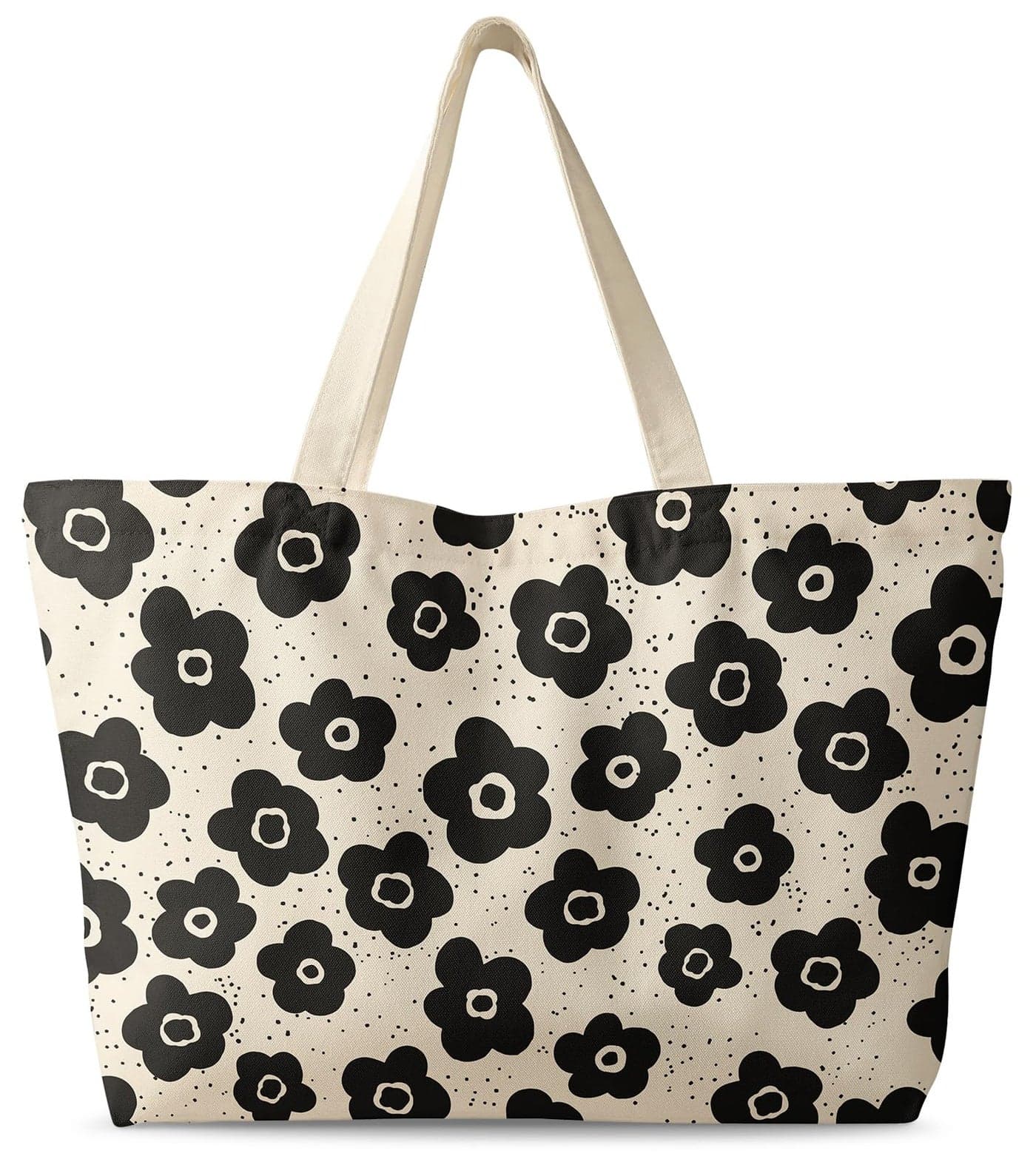 Miss Adola Large Tote Bag for Women Canvas Tote Bag with Zipper Aesthetic Black Spot Flower Cotton Cloth Reusable Big Shoulder Bag for Shopping Gym Travel Work