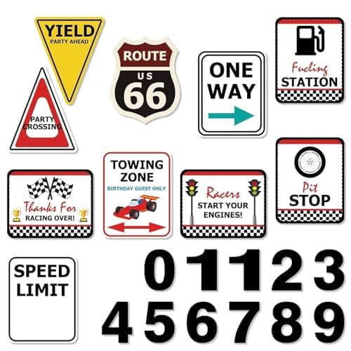 WERNNSAI Racing Car Party Decorations - 10PCS Funny Car Birthday Decoration Signs for Boys Kids Racing Car Theme Party Supplies Racing Cars Route 66 Sign for Birthday Anniversary Home Yard Wall Decor