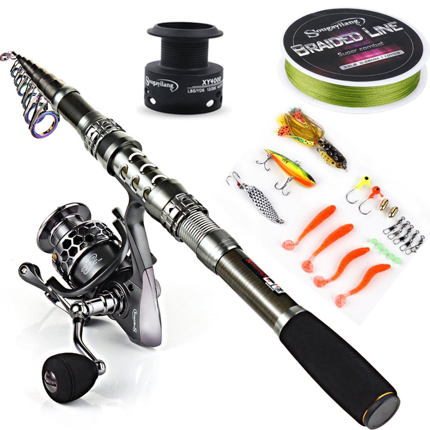 Sougayilang Telescopic Fishing Rod Reel Combos with Carbon Fiber Fishing Pole Spinning Reels and Fishing Accessories for Travel Ocean Saltwater Freshwater Fishing33M108FT