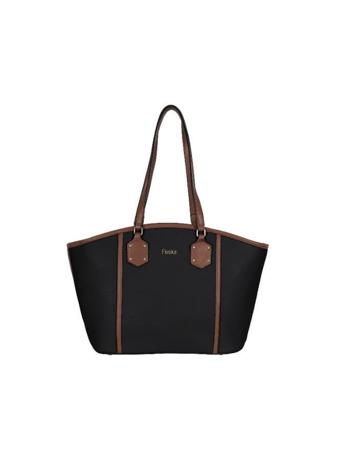 FOSKA Women's Tote Bag with Detachable Strap, Premium Design Synthetic Material Handbag with Polyester Lining, Spacious Carry Bag for Work, Travel & Daily Essentials, Black (308234)