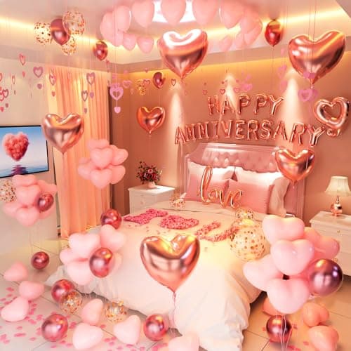 Anniversary Decorations Happy Anniversary Balloons Banner Pink Heart Balloons Heart Hanging String Pink Rose Petals for Wedding and Valentines Day Romantic