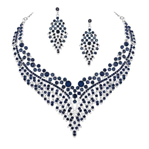 Atasi International Light Blue AD Crystal Diamond Silver Plated Stylish Necklace Jewellery Set with Earrings for Womens and Girls, Perfect for Parties and Festive Occasion (RF5986)