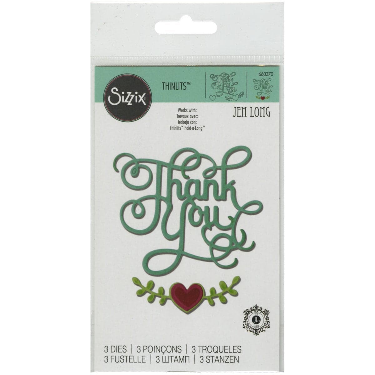 Sizzix 660370 Thinlits Die Set Phrase Thank You with Hearts by Jen Long 3 Pack