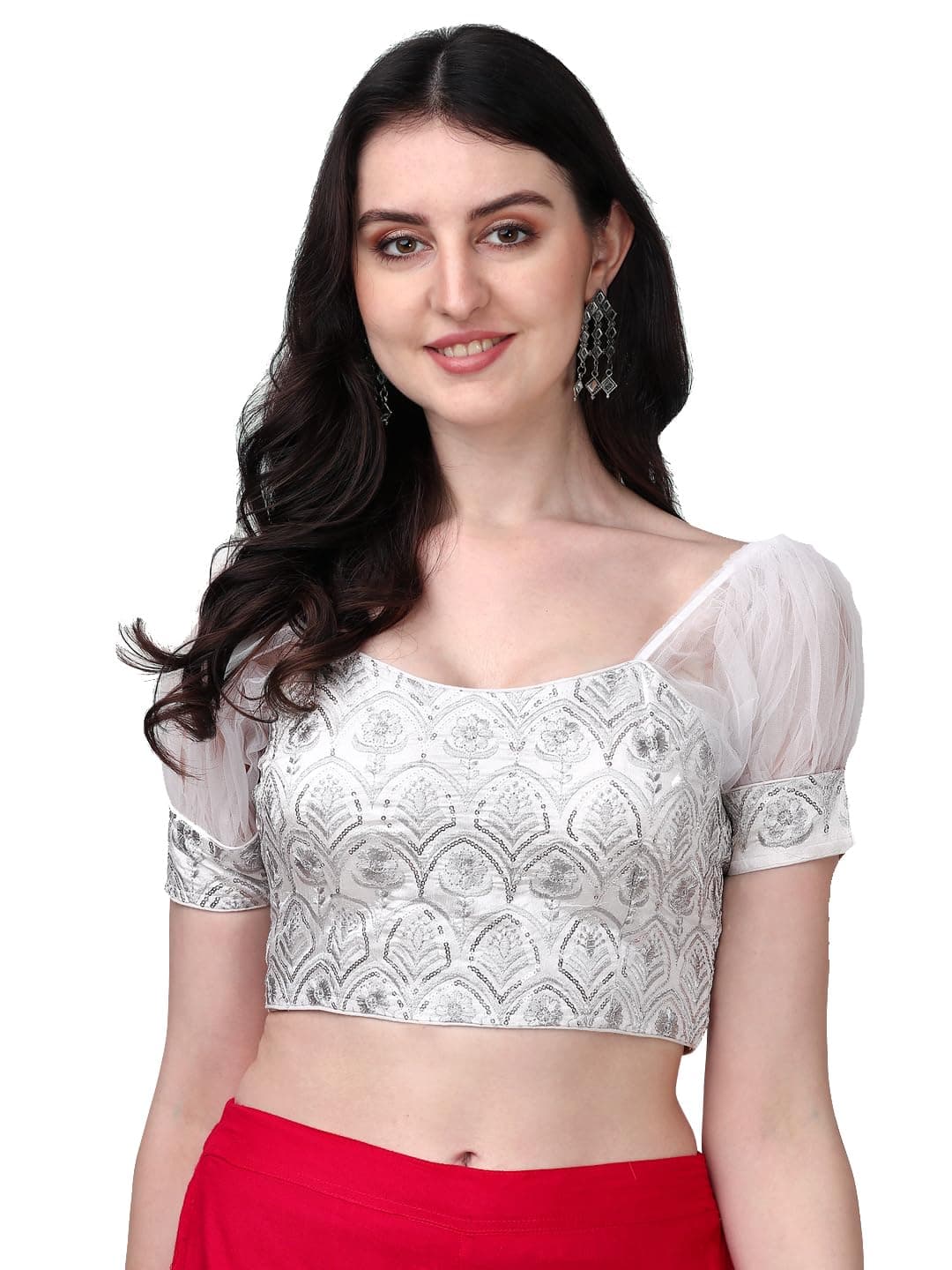 Pujia Mills Womens Net Fabrics Round Neck Puff Sleeve Blouse (White, 32)