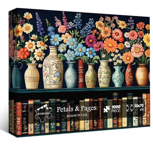Wildflower Puzzles for Adults 1000 Pieces PICKFORU Vintage Flower Book Puzzle Wildflower Pages Jigsaw Puzzle for Book Lover Floral Art Bookshelf Library Puzzles
