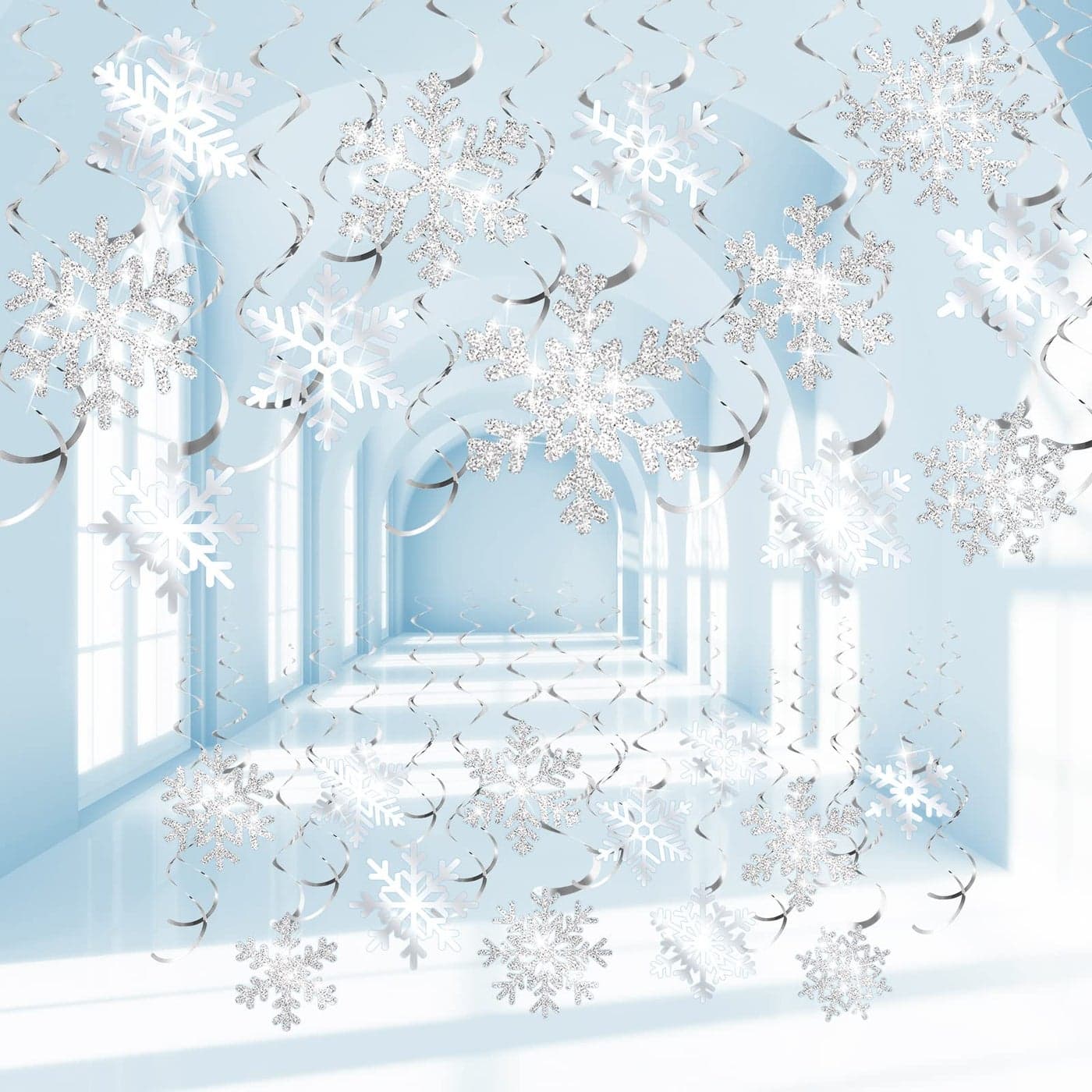 30 Pieces Snowflake Hanging Swirls Decorations Christmas Ceiling Decor Purple Blue White Snowflakes for Winter Holiday Wonderland New Year Birthday Party Favors SuppliesSilver