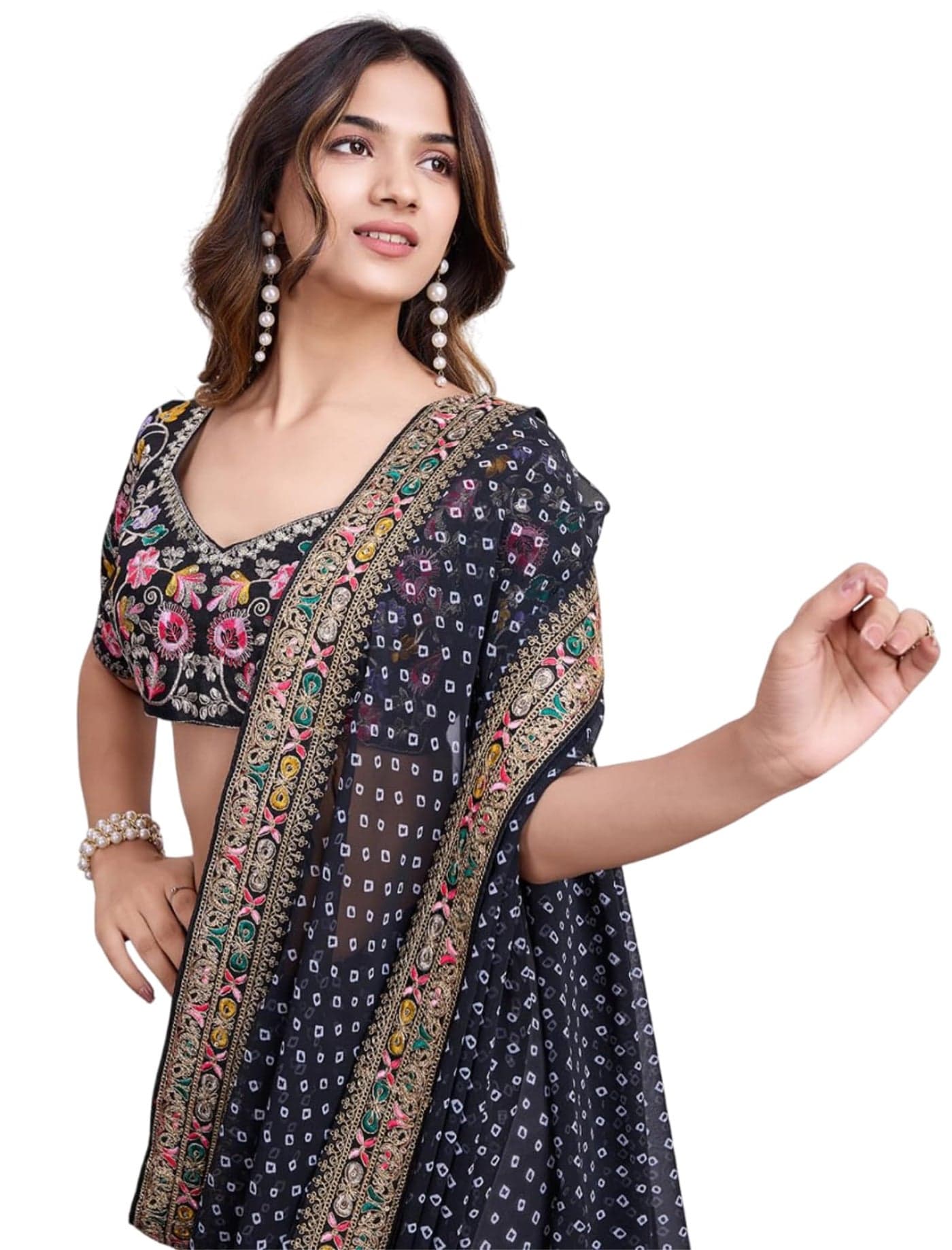 Ekasya Women Georgette Black Geometric Pattern Printed Embroidery Saree With Unstitched Blouse (E6253_4)