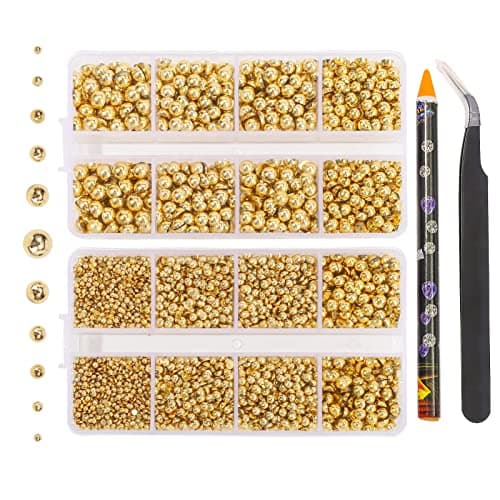 6540PCS Gold Resin Flat Back Pearls RhinestonesMixed Size 23456810mm Half Round Pearl Beads Nail Gems Rhinestone with Tweezers and Picker Pencil for Crafts Nail DIY Decoration