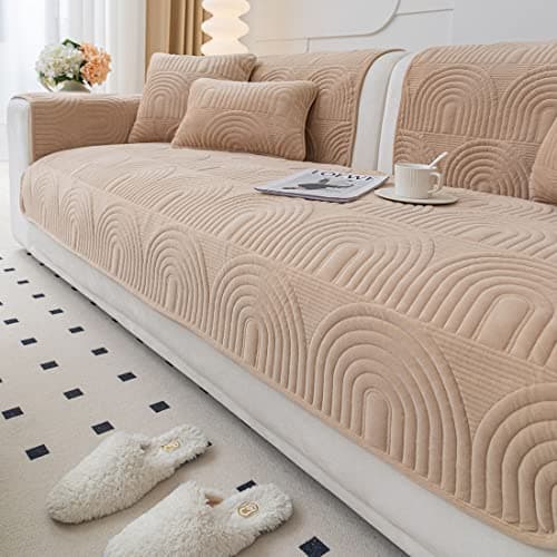 vctops Velvet Plush Couch Sofa Cover Geometric Quilted Sectional Couch Covers Non Slip Fluffy Soft Sofa Slipcover for Dogs, Children, Pets Furniture Protector (Camel,28"x28")