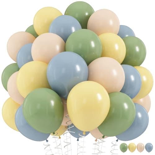 Sage Green Dusty Blue Yellow Balloons Set 60Pcs 12 Inch Olive Green Macaron Yellow Slate Blue White Sand Cream Latex Balloons for Birthday Wedding Baby Shower Wild One Party Deocrations Supplies