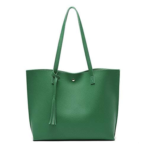Dreubea Women's Soft Faux Leather Tote Shoulder Bag from, Big Capacity Tassel Handbag Forest Green