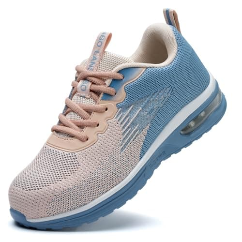 LANSNBO Steel Toe Shoes for Women Lightweight Breathable Safety Work Sneakers Non Slip Puncture Proof Utility Slip On Footwear for Industrial Construction(LAN Fen 38.5 Blue Pink