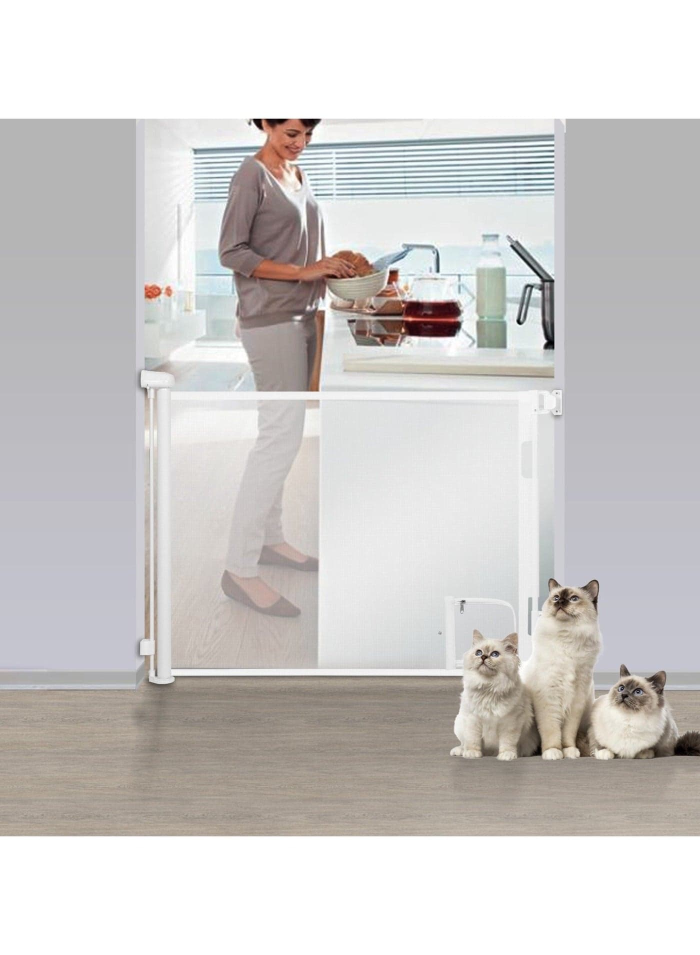 Retractable Baby Gate with Cat Door, Indoor Outdoor Mesh Dog Gate for Doorways Stairs Hallways Kitchen, One-Handed Locking Pet Gate, Fits Openings up to 140cm Wide and 86cm Tall