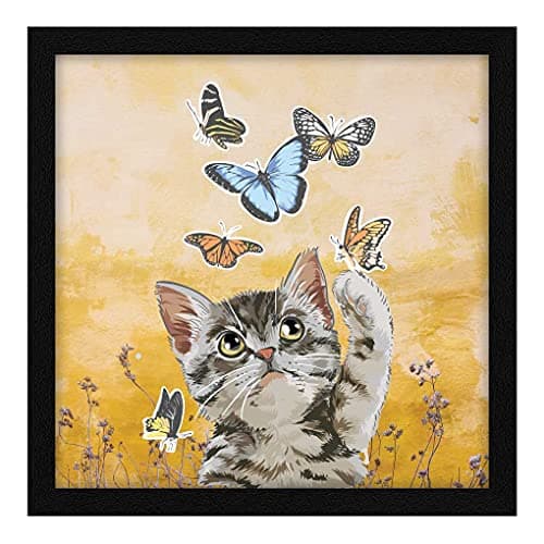 ArtX Paper Cat Butterfly Wall Frame Art Painting, Multicolor, Animals, 13X13 in, Set of 1