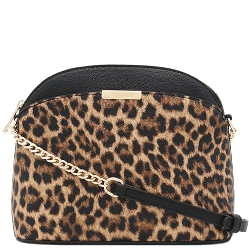 FashionPuzzle Leopard Print Small Dome Crossbody with Chain Strap (Classic Black/Tan)