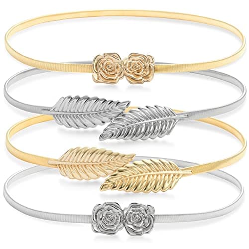 Juvale Women Belts for Dresses - 4-Pack Skinny Stretch Metallic Waist Belts - Medium 27-27.5 In Waist Extends to 40 In - Leaf & Rose Pattern - Gold & Silver