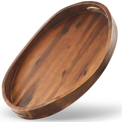 TIDITA Acacia Wood Ottoman Tray with Handles 20 x 15 Round Large Oval Serving Trays for Living Room Wooden Trays Decorative for Kitchen Counter Coffee Table Breakfast in Bed Walnut Color