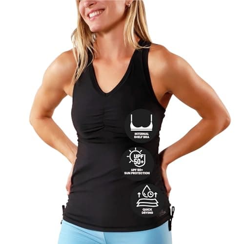 UV SKINZ Women's Swim Tankini – Modest Tankini Top with Built-in Bra Support, UPF 50+ Sun Protection, Flattering Ruched Sides to Conceal Tummy, Comfortable Swimwear for Women - Black - XL