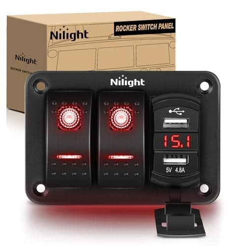 Nilight 2 Gang Rocker Switch Panel Red Backlit with 4.8 Amp Dual USB Charger Voltmeter Waterproof 12V 24V DC Rocker Switch with Night Glow Stickers for Car Trucks Boats RVs