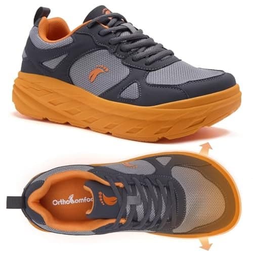 Men's Orthopedic Diabetic Wide Toe Box Tennis Shoes: Plantar Fasciitis Orthotic Heel Spur Arch Support Ankle Heel Pain Relief Trail Sneakers, Athletic Camping Biking Tennis Shoes Grey Orange Size 11
