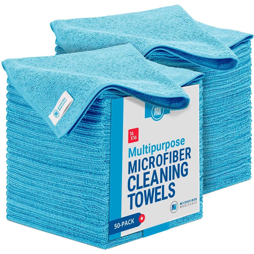 16" x 16" All Purpose Microfiber Towels - 50 Pack - Reusable Wash Cloths, Dust, Kitchen, Car, Shop Rags for Cleaning (Blue)