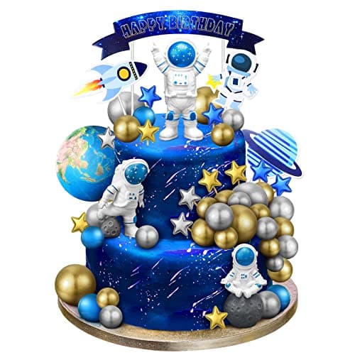 Epakh 24 Pcs Astronaut Space Cake Toppers Outer Space Cake Decorations Astronaut Figurine Birthday Party Supplies Planet Rocket Satellite Pearl Balls Stars for Baby Shower DIY ActivityBlue