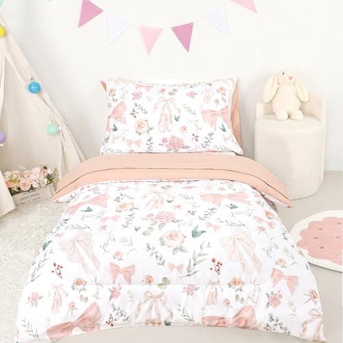 GFU 4 Piece Toddler Bedding Set, Ultra Soft and Breathable Toddler Comforter Sets for Girls Includes Quilted Comforter, Fitted Sheet, Flat Sheet and Pillowcase, Pink Flowers