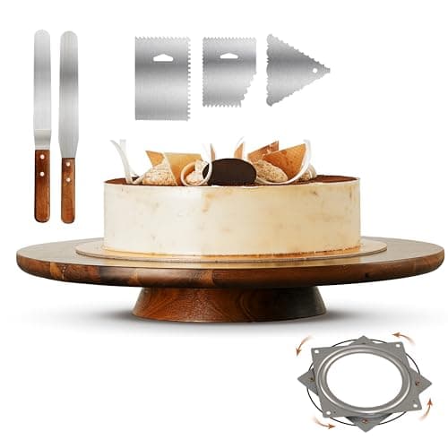TIDITA 13" Acacia Cake Stand Rotating – Rustic Wood Pedestal Stands Turntable with 2 Icing Spatulas, 3 Smoothers – Wooden Spinning Cake Decorating Serving for Cupcake Dessert Display in Party, Wedding