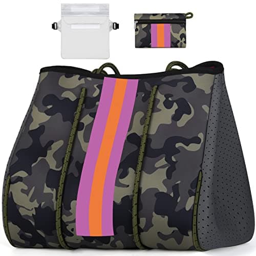 IBFUN Neoprene Bag, Large Multipurpose Beach Bag Upgraded Neoprene Tote Bag with Inner Zipper Pocket for Women/Beach/Pool(Camo Green)