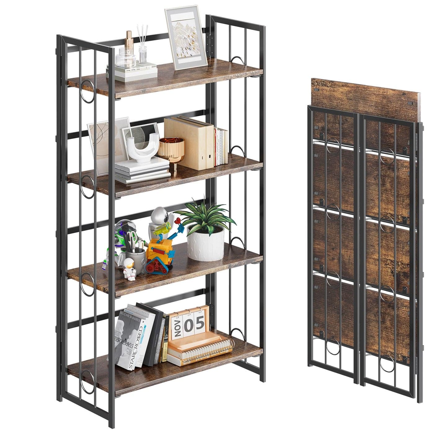 4NM NoAssembly 4 Tiers Folding Bookshelf Storage Shelves Vintage Bookcase Standing Racks Study Organizer Home Office Rustic Brown and Black