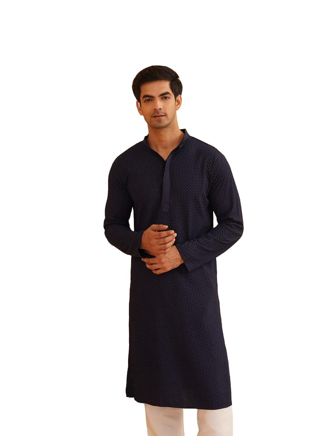 SOJANYA (Since 1958 Men's Geometric Embroidered Thread Work Cotton Straight Navy Blue Long Kurta