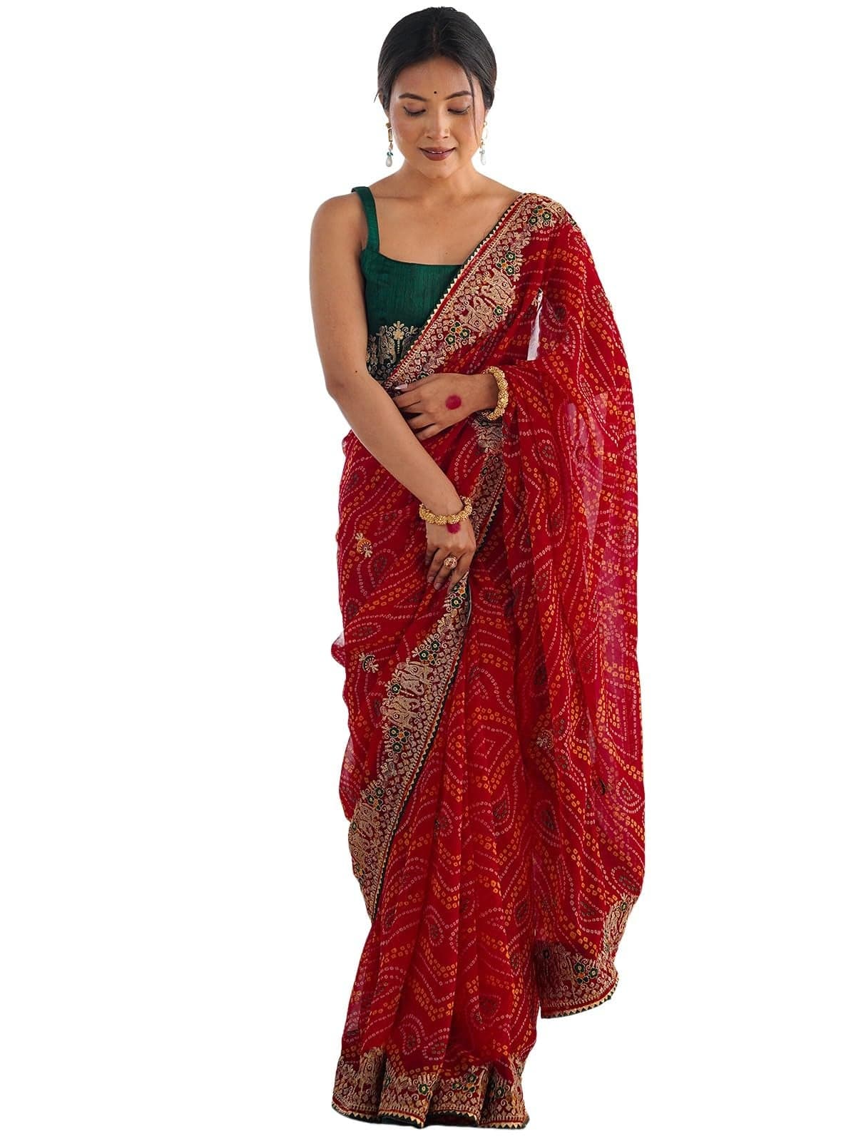 Satrani Women's Georgette Bandhani Printed Embroidery Saree with Unstitched Blouse Piece (4132S134N_Red)