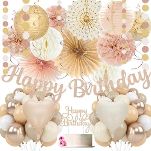 ChampagneGold Beige Birthday Decorations for Women GirlsCream Neutral Balloons DcorHappy BannerBoho Peach Paper Lanterns Tissue Pom Poms FanAnniversary Princess Backdrop Party Supplies
