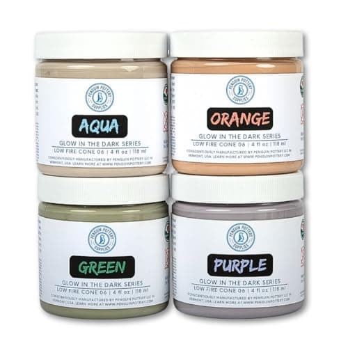 Penguin Pottery Glow in the Dark Pottery Glaze Variety Set 1 Low Fire Glaze Cone 06 Glow in the Dark Glaze for Ceramics Aqua Green Orange Purple