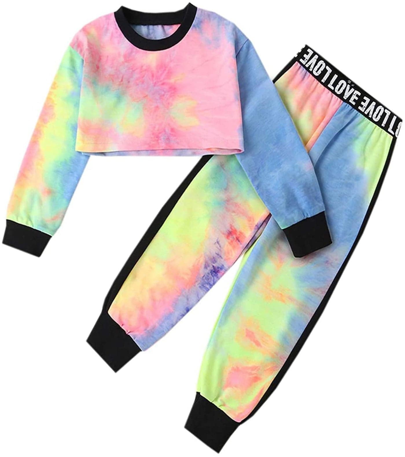 Betusline Girls Cropped Sweatsuit Pants Outfit Set, Tie-Dye Pullover Crop Sweatshirt + Sweat Jogging Pants 2 Pieces Clothes Set, Multicolored, 9-10 Years