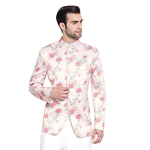 VASTRAMAY Mens Silk Blend Peach Blazer - Timeless Style, Versatile Elegance, and Superior Comfort | Floral Digitally Printed Jodhpuri Jacket for Formal and Casual Occasions