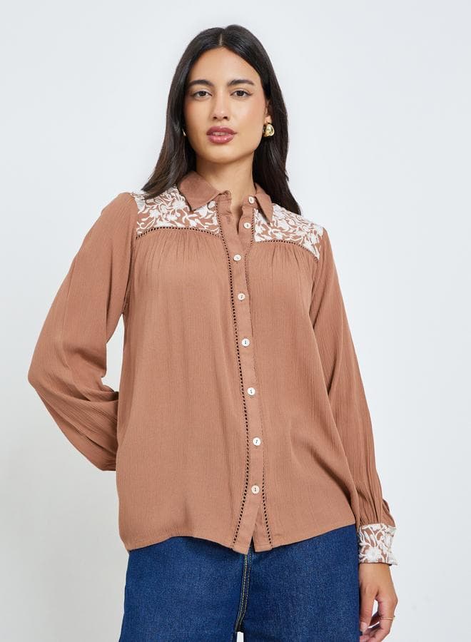 Brown Front Embroidered Relaxed Fit Shirt — M