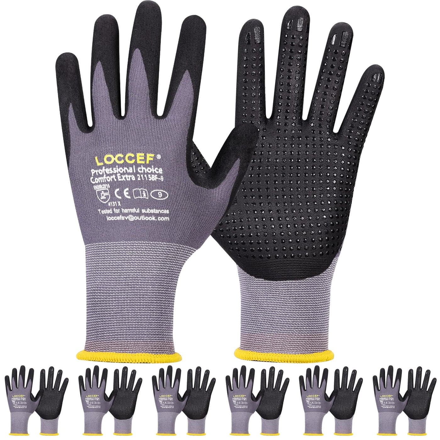 LOCCEF Work Gloves MicroFoam Nitrile Coated6 PairsEndurance Seamless Knit NylonDots on palmTacky Dot Grip Gloves