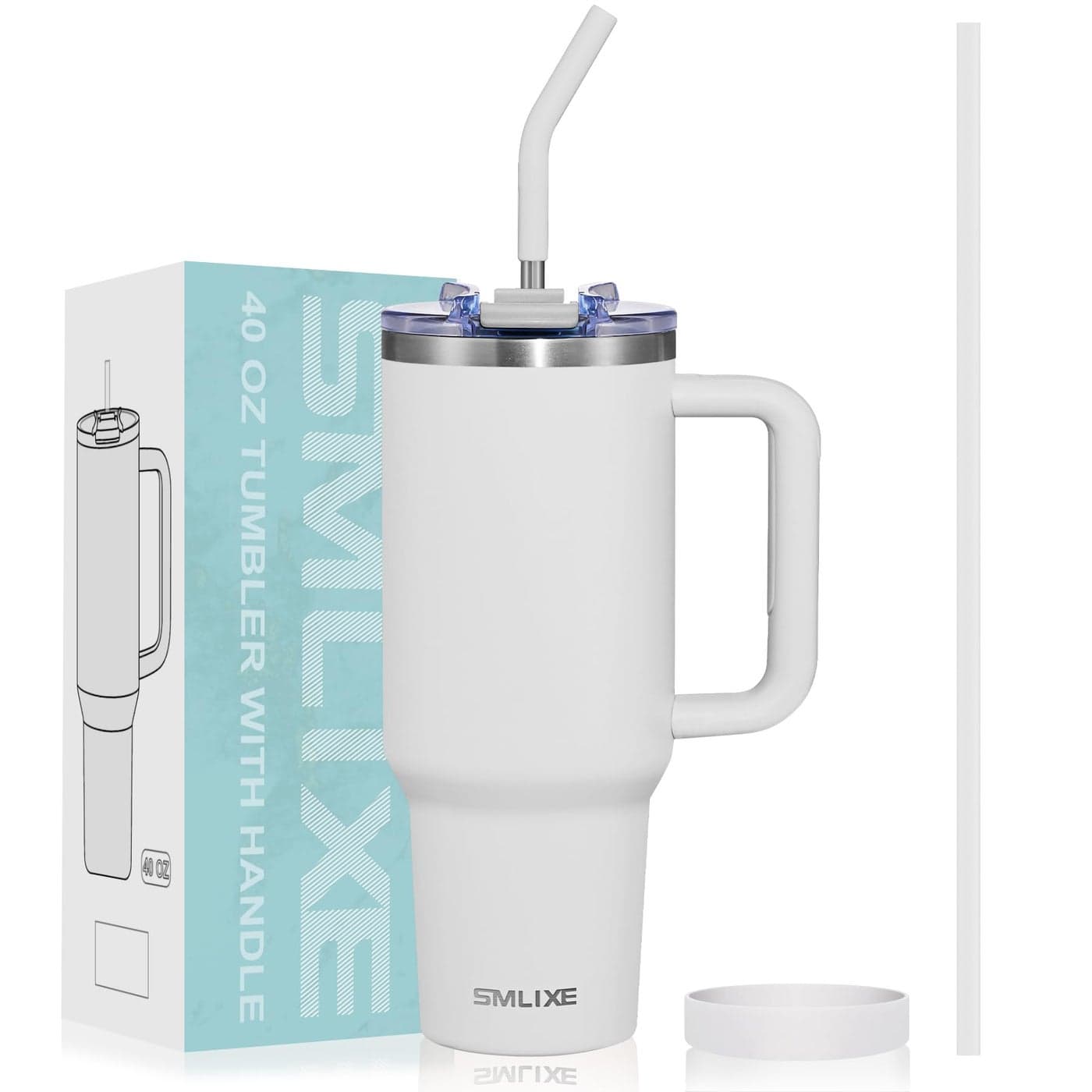SMLIXE 40 oz Tumbler with Handle and Straw LidInsulated Reusable Stainless Steel Water Bottle Travel MugCupholder Friendly Double Wall Vacuum Sealed Cup Cold White