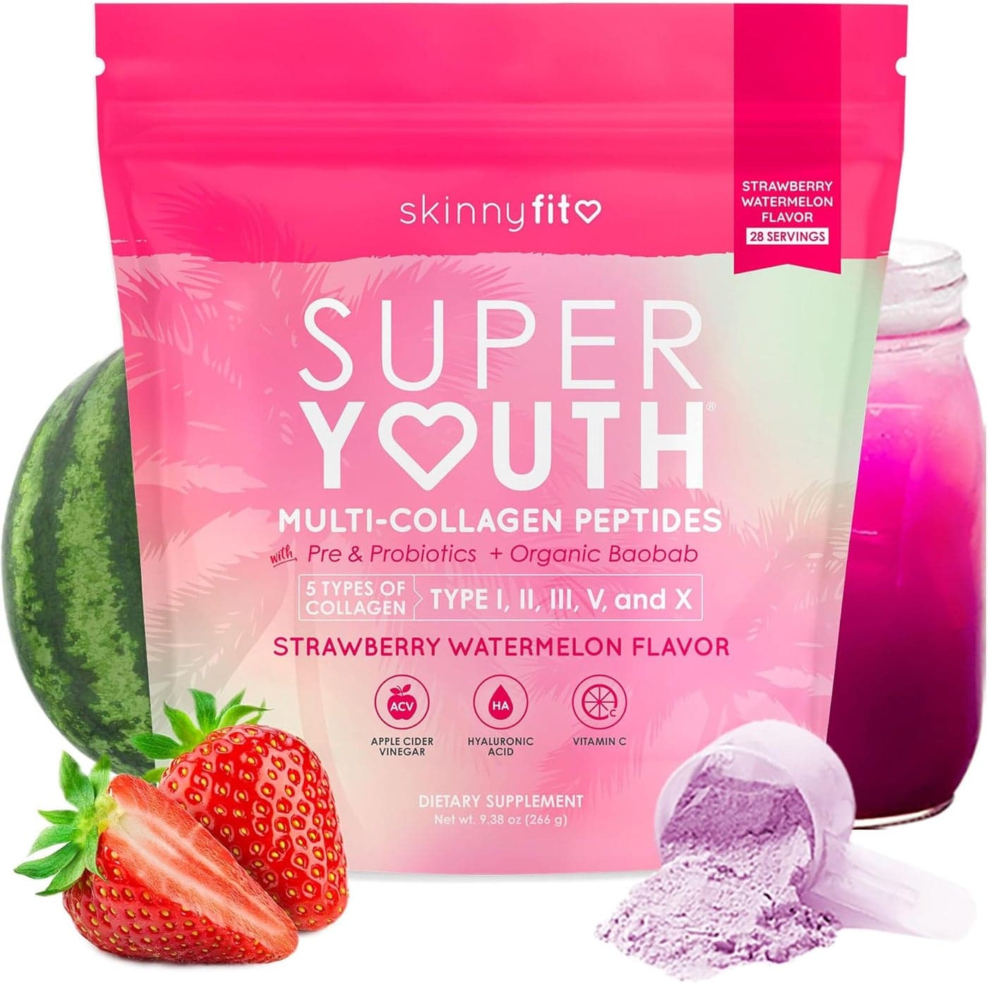 SkinnyFit Super Youth Strawberry Watermelon 30 Servings Multi Collagen Peptides Powder Probiotics Fiber Hyaluronic Acid Collagen for Women Non GMO Gluten Free Sugar Free Self Care